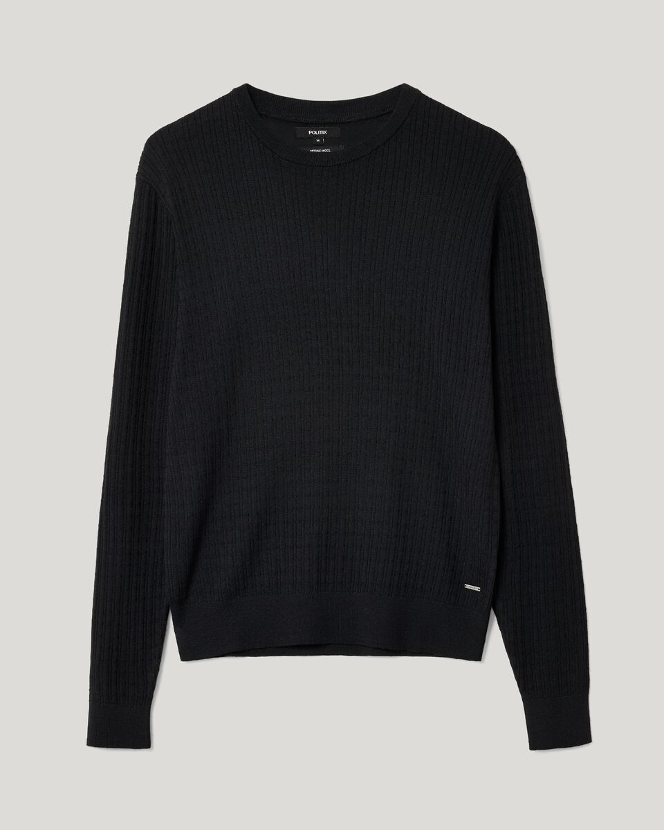 Merino Wool Long Sleeve Crew Knit, Black, hi-res